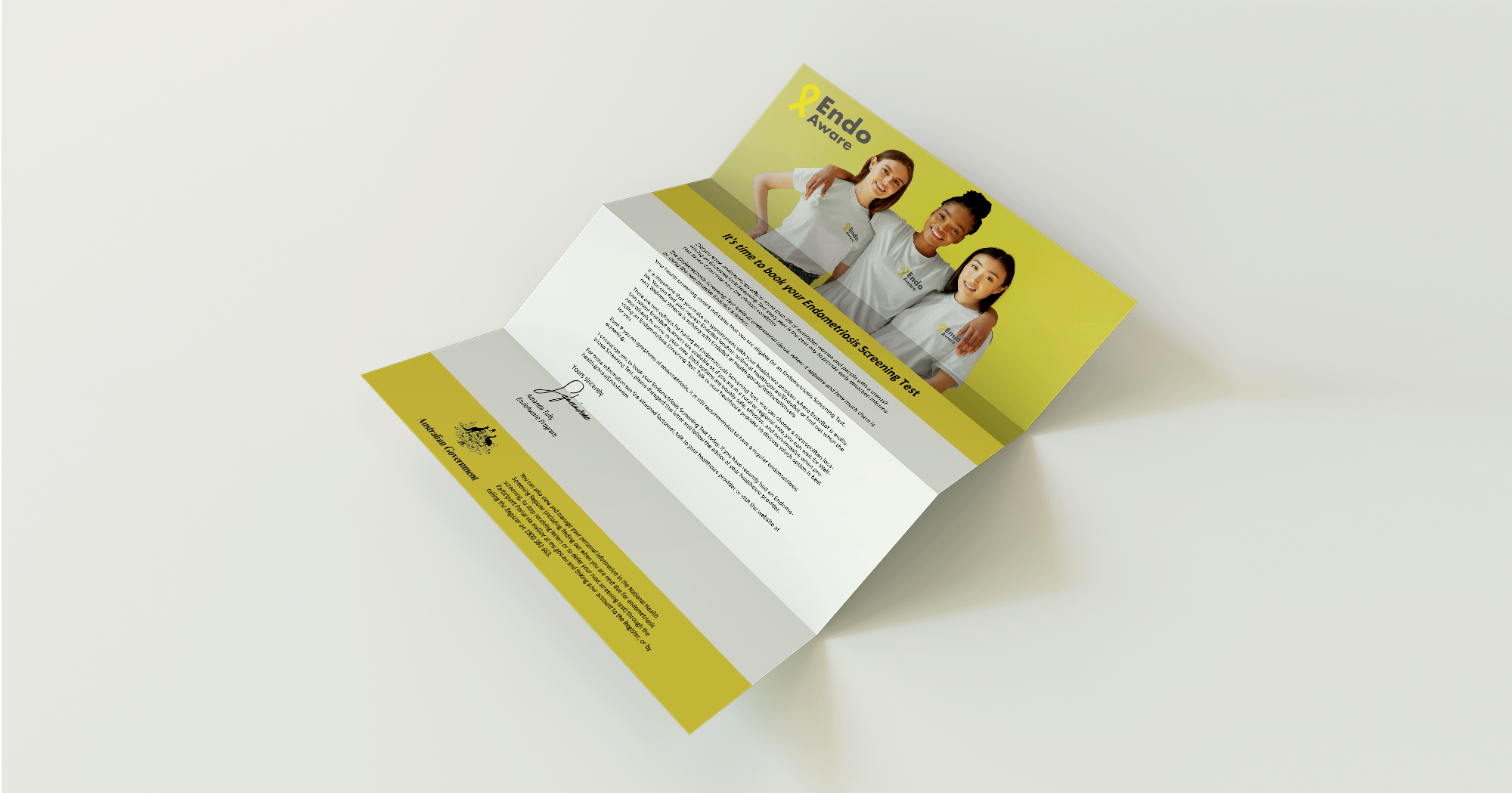 Tri-fold letter with yellow EndoAware branding.